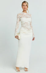Crisanta Maxi Dress - Long Sleeve Contrast Lace Bodycon Dress in Ivory