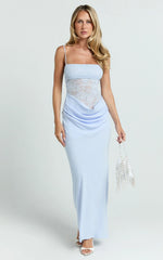 Rania Maxi Dress - Contrast Lace Bodice Bias Cowl Drop Waist Dress in Soft Blue