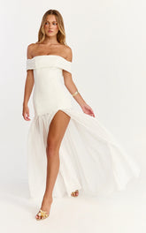 Florence Maxi Dress - Off Shoulder Sheer Skirt Dress in White