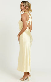 Aluna Midi Dress - High Neck Cross Back Satin Slip Dress in Lemon