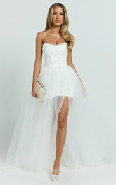 Kelsey Mini Dress - Beaded Strapless Corset Panel Dress with Detachable Tulle Skirt in White