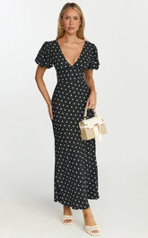 Elise Midi Dress - V Neck Puff Sleeve Dress in Black Polka
