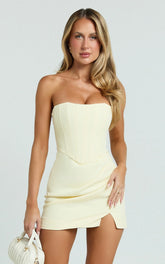 Avery Mini Dress - Strapless Corset Bodice Draped Dress in Lemon