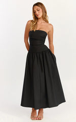 Louisa Maxi Dress - Strapless Side Ruched Dropped Waist Fit And Flare Dress in Black