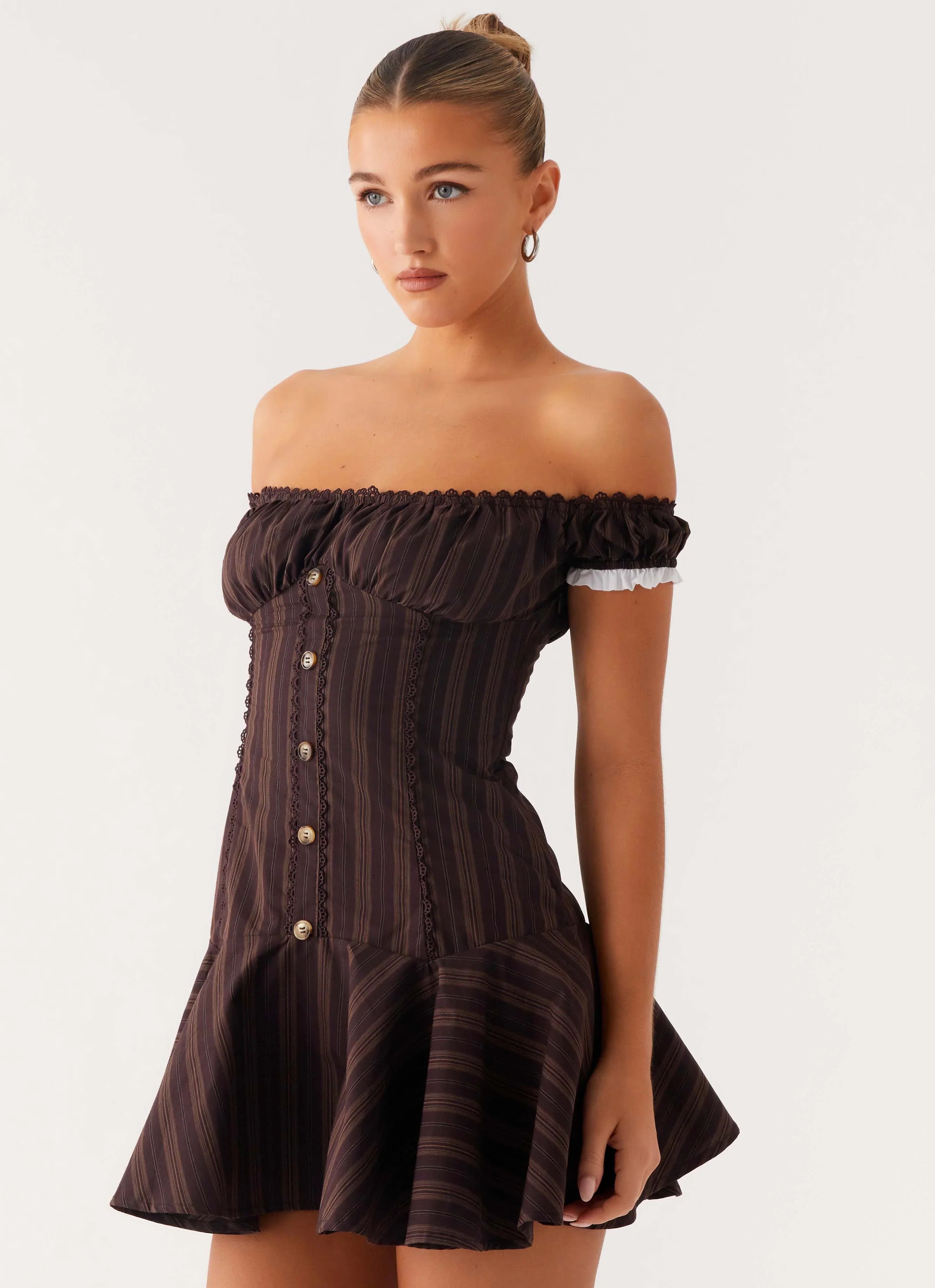 Jumana Off Shoulder Mini Dress - Toffee Stripe