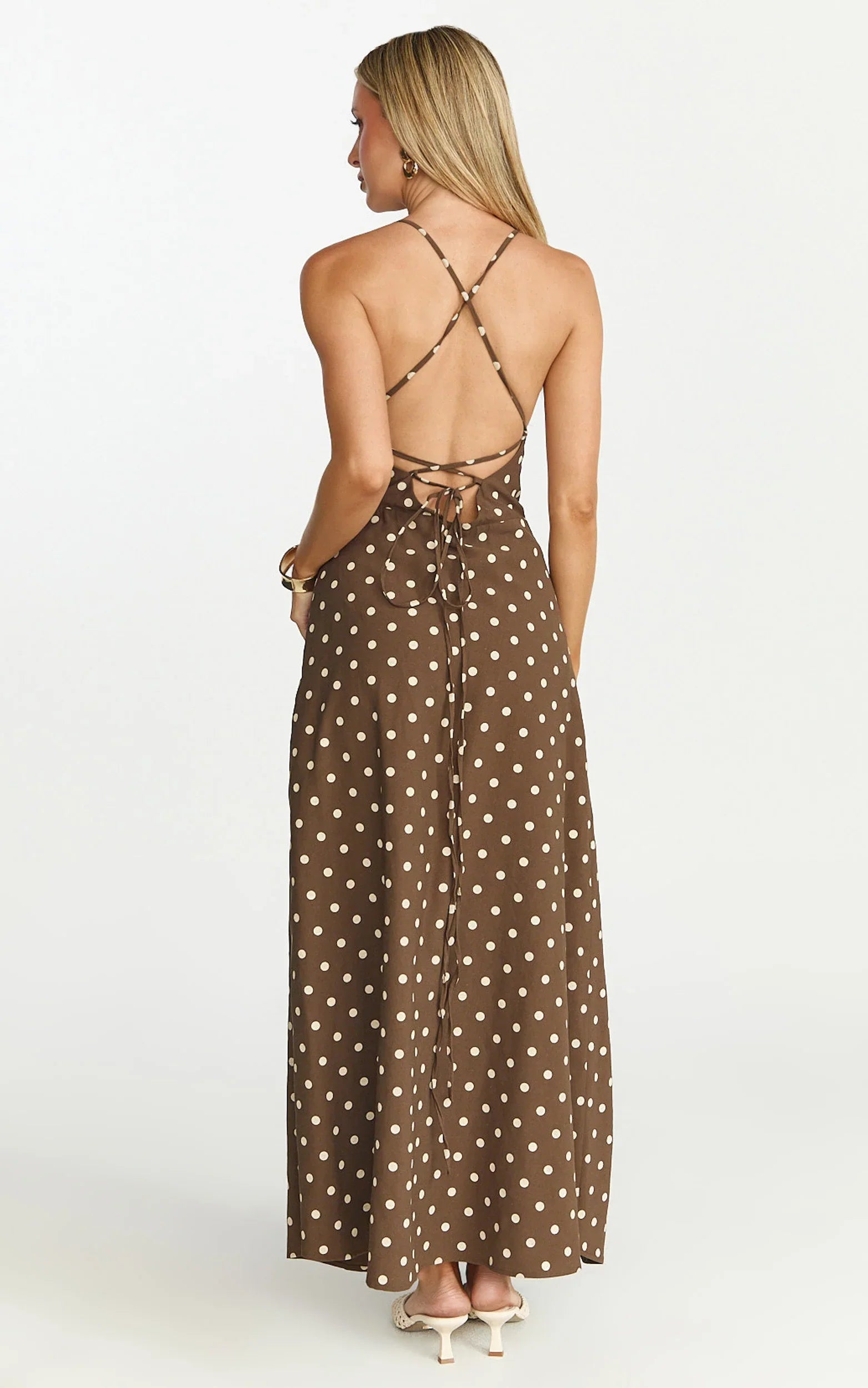 Leighton Maxi Dress - Cross Over Spaghetti Straps Square Neck A Line Dress in Choc/Cream Polka Dot
