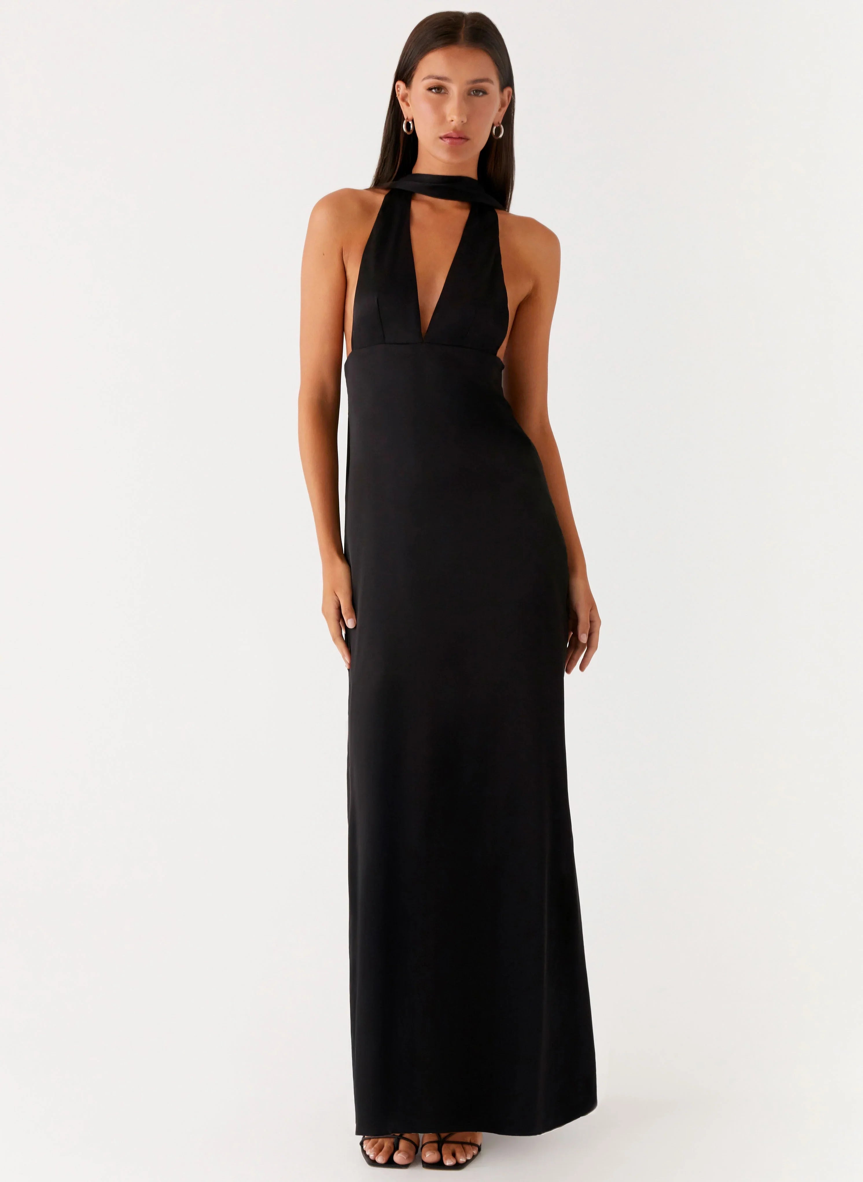 Alicia Satin Halter Maxi Dress - Black