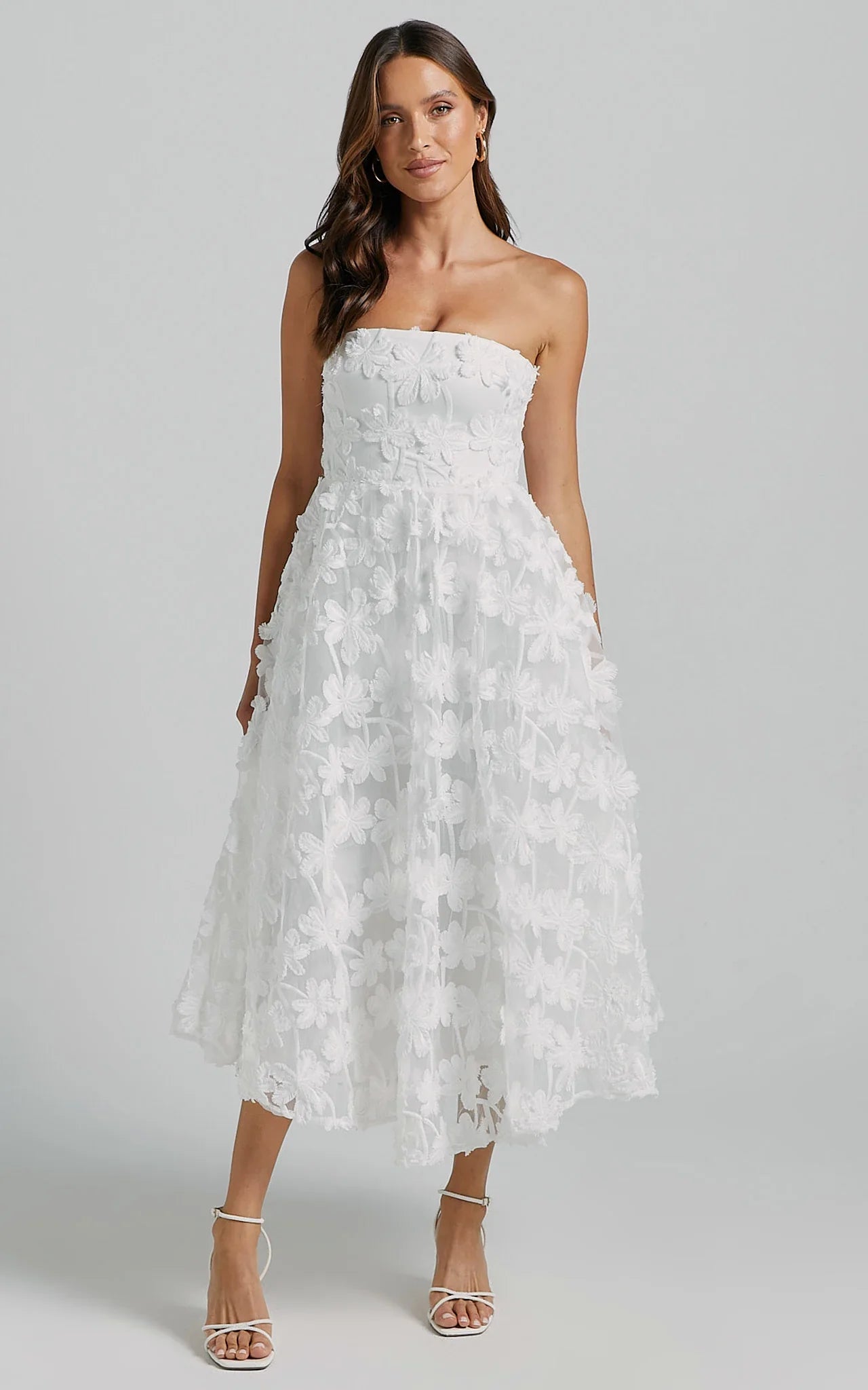 Rheiva Midi Dress - Strapless 3D Embroidery Midi Dress in White
