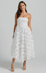 Rheiva Midi Dress - Strapless 3D Embroidery Midi Dress in White