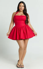 Helda Mini Dress - Halter Tie Neck Corset Panel Dress in Red
