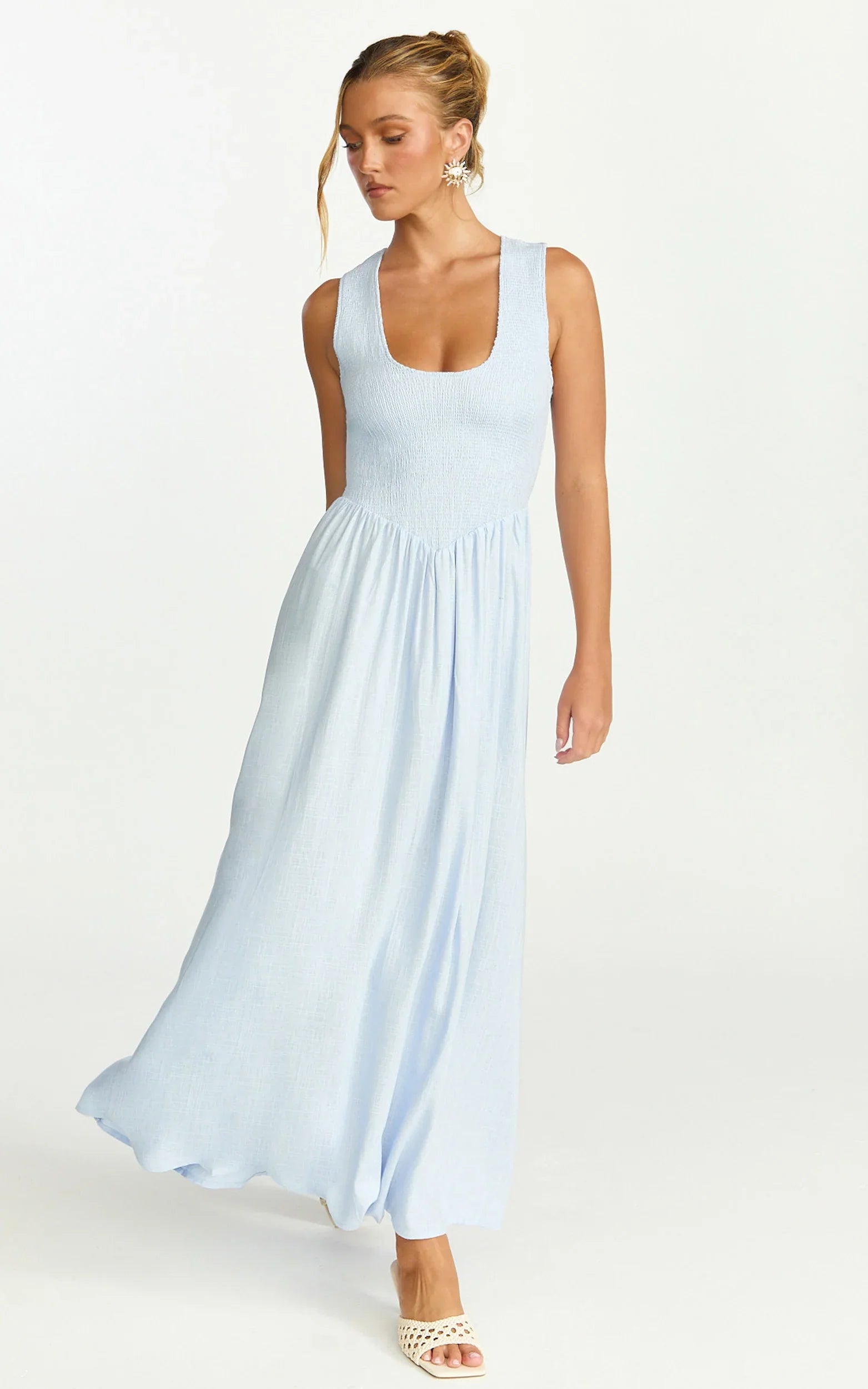 Luciana Maxi Dress - U Neck Smock Dress in Blue