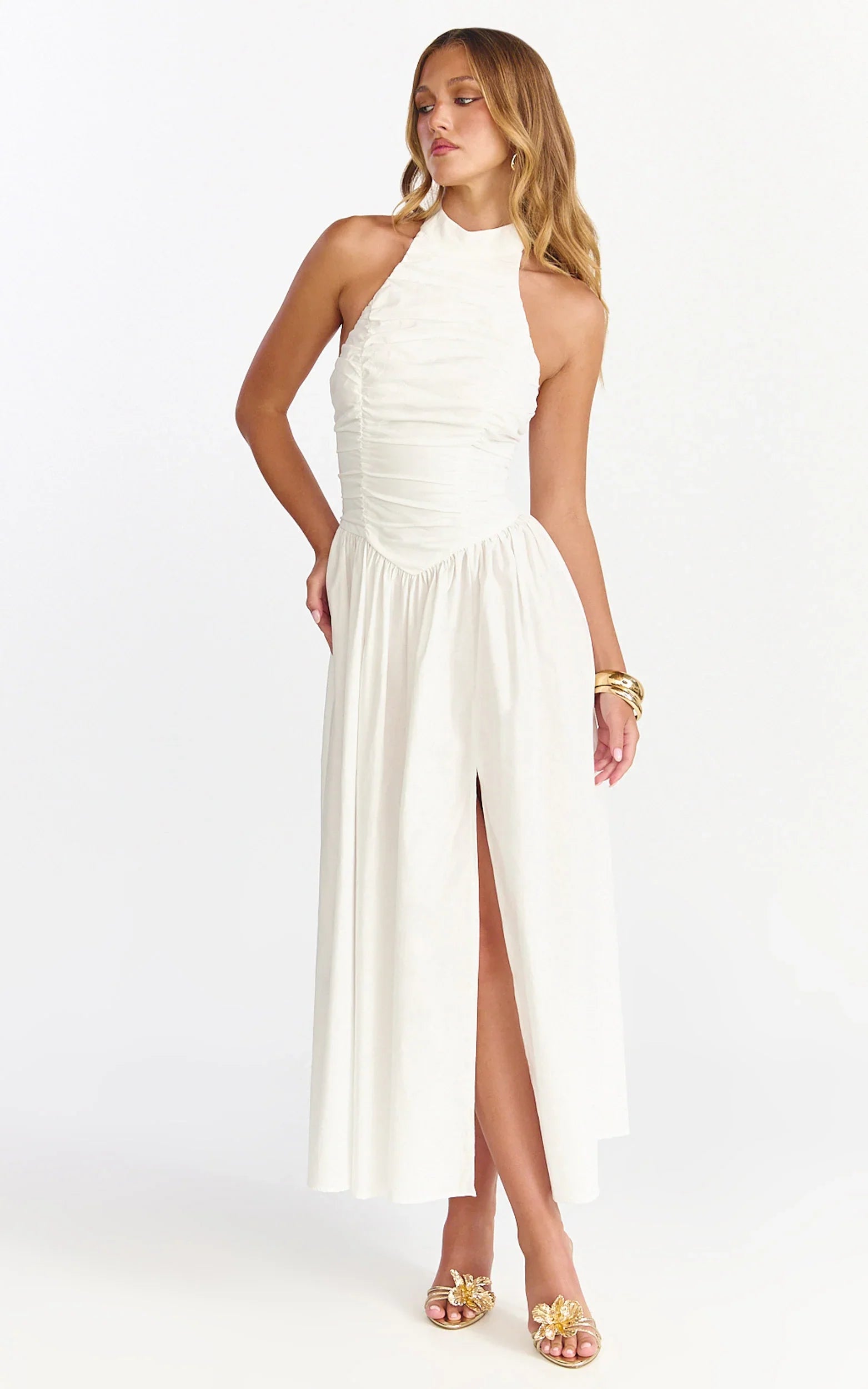 Anya Midi Dress - Halter Neck Ruched Drop Waist Dress in White