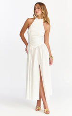 Anya Midi Dress - Halter Neck Ruched Drop Waist Dress in White