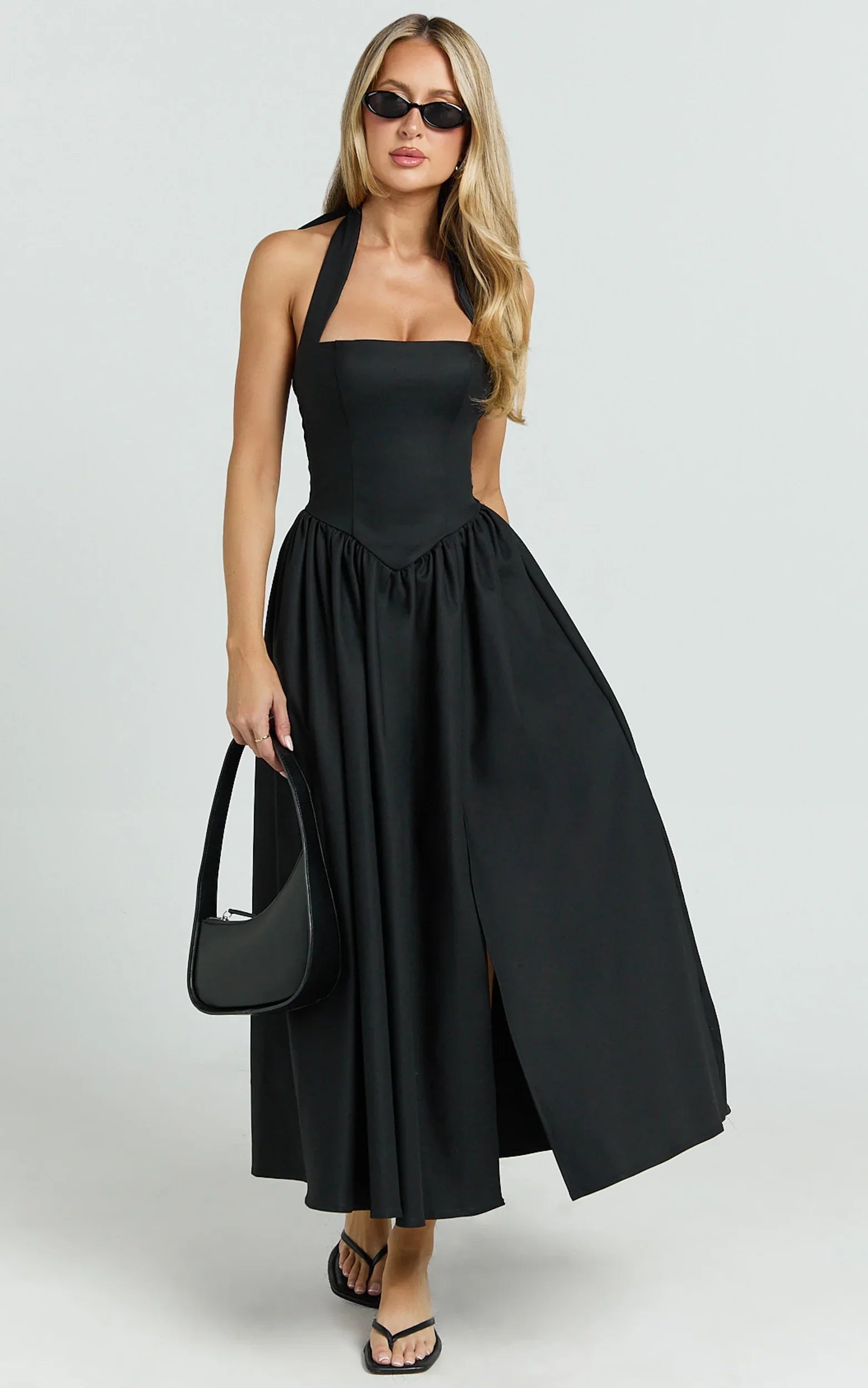 Helda Midi Dress - Halter Tie Neck Corset Panel Dress in Black