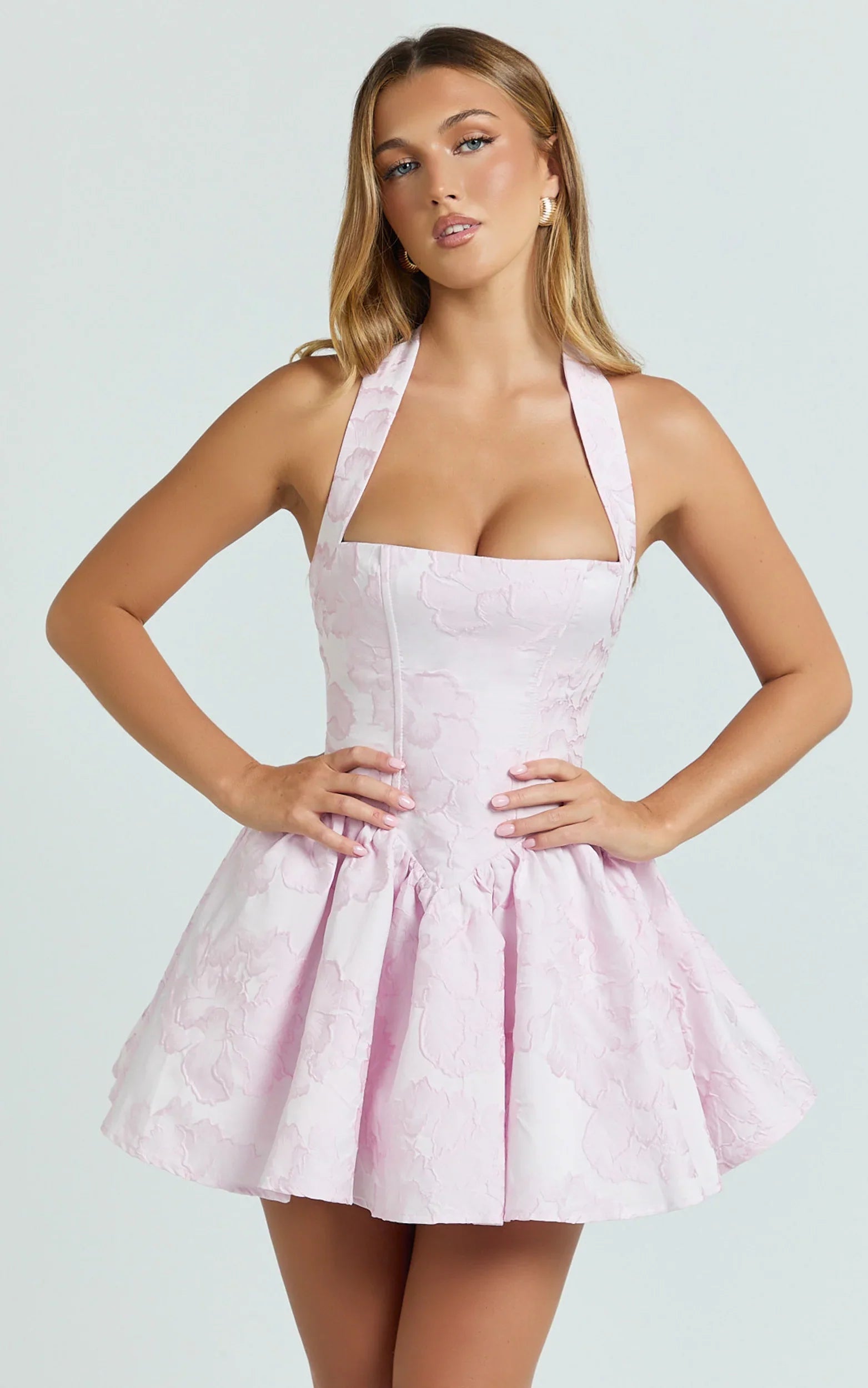 Maddy Mini Dress - Square Neck Halter Fit And Flare Dress in Pink