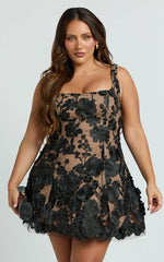 Sienna Mini Dress - 3D Floral Fit And Flare Dress in Black