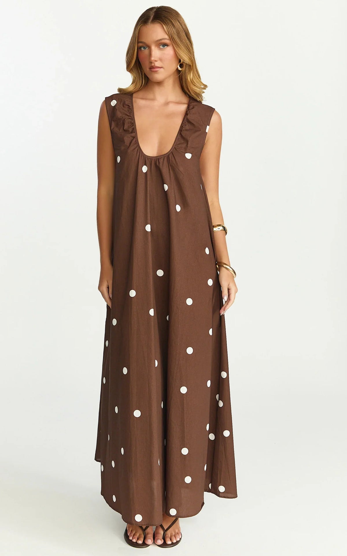 Simone Maxi Dress - U Halter Neck Linen Polkadot Dress in Chocolate