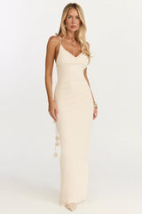 Penny Maxi Dress - Draped Cowl Neck 3D Flower Dress in Cream