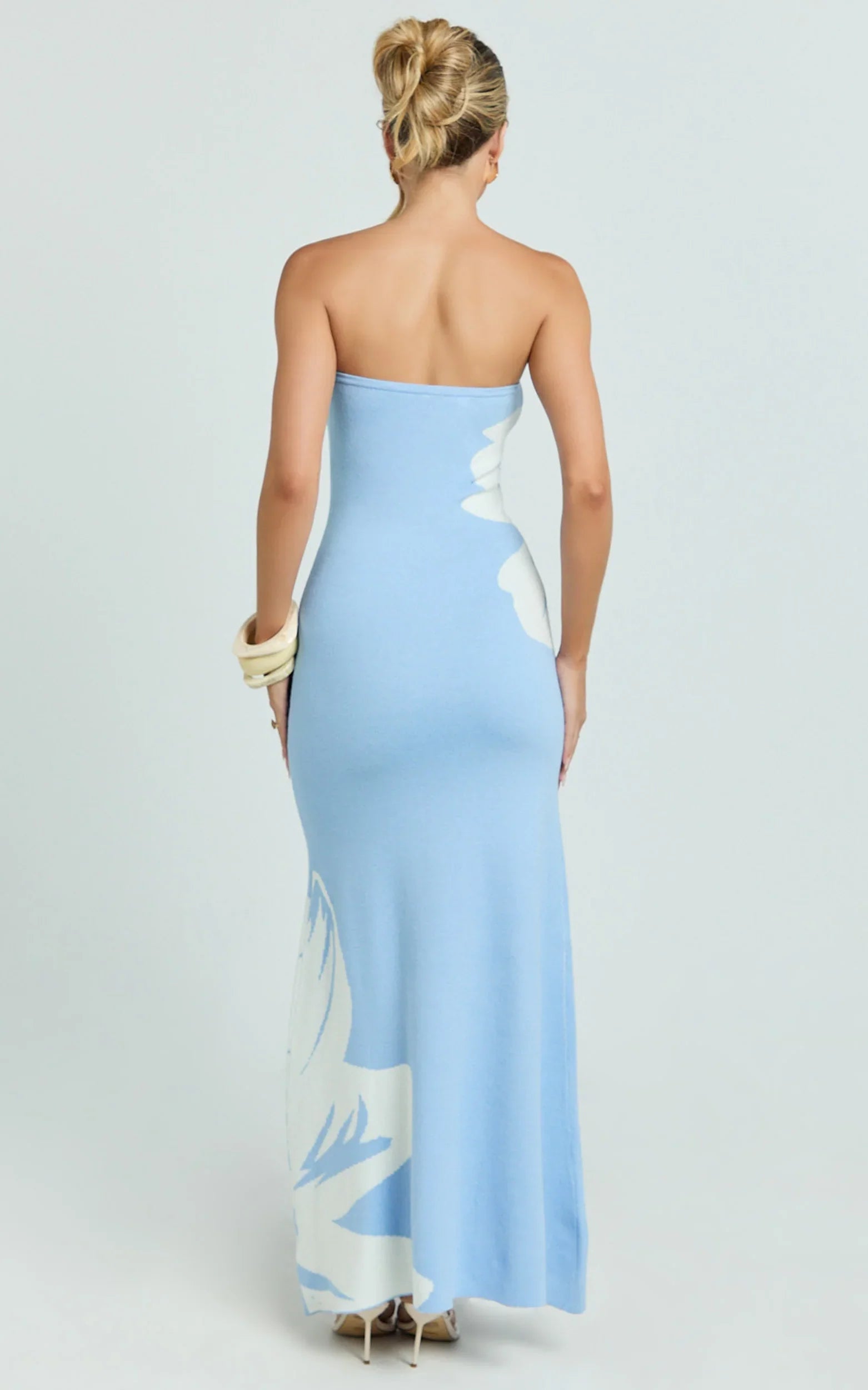 Amy Midi Dress - Knit Strapless Column Dress in Intarsia Print