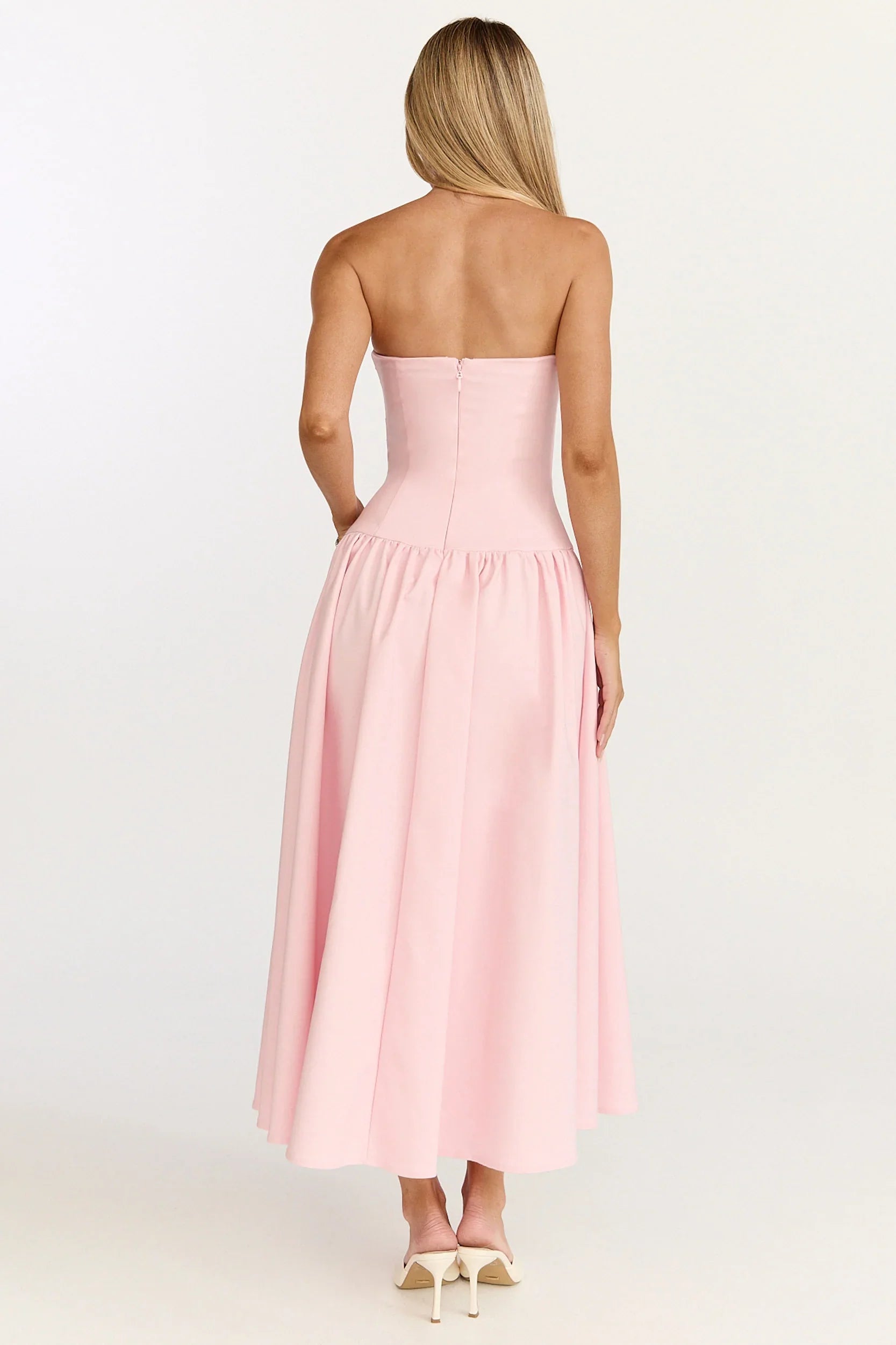 Louisa Maxi Dress - Strapless Side Ruched Dropped Waist Fit And Flare Dress in Pink