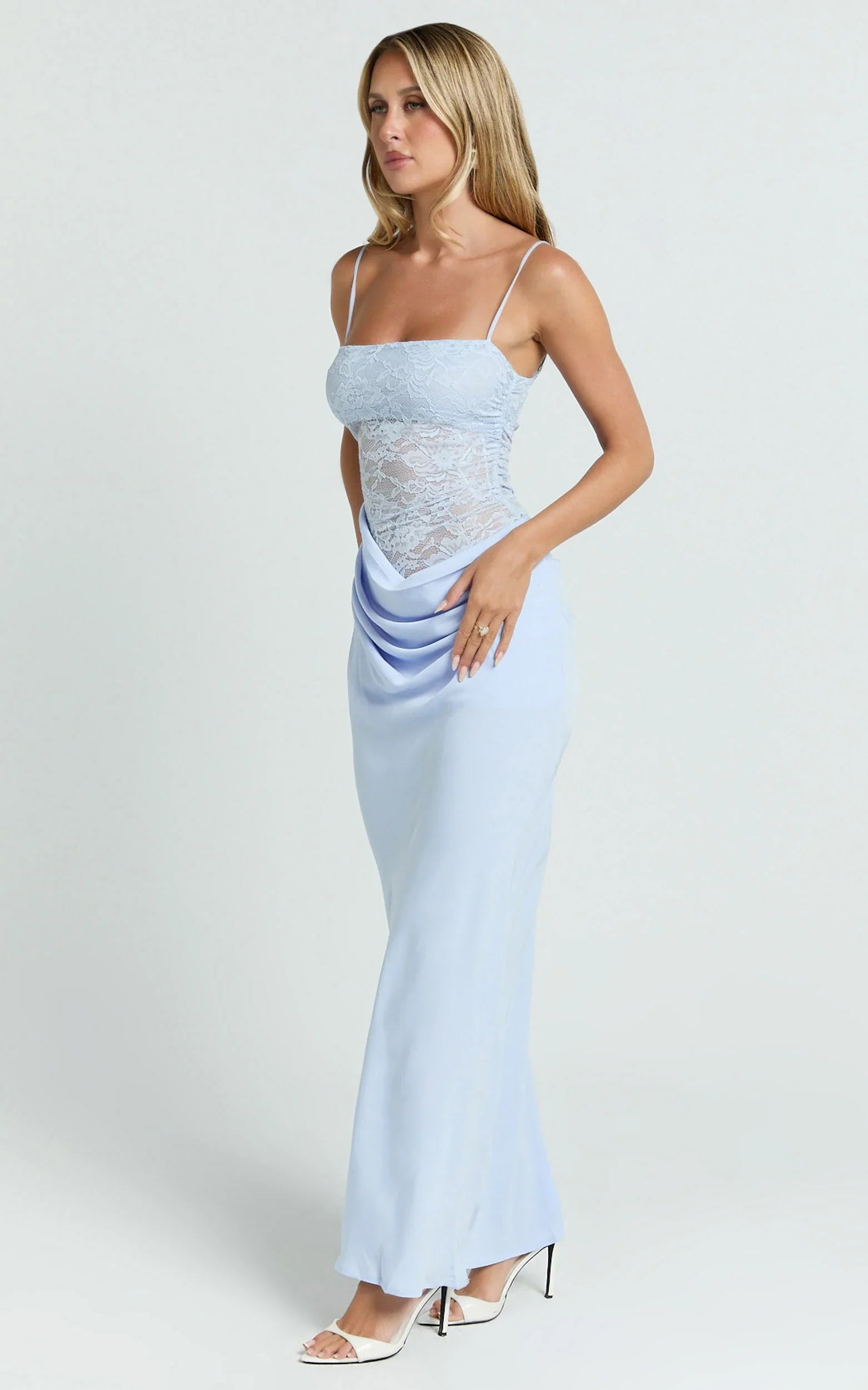 Rania Maxi Dress - Contrast Lace Bodice Bias Cowl Drop Waist Dress in Soft Blue