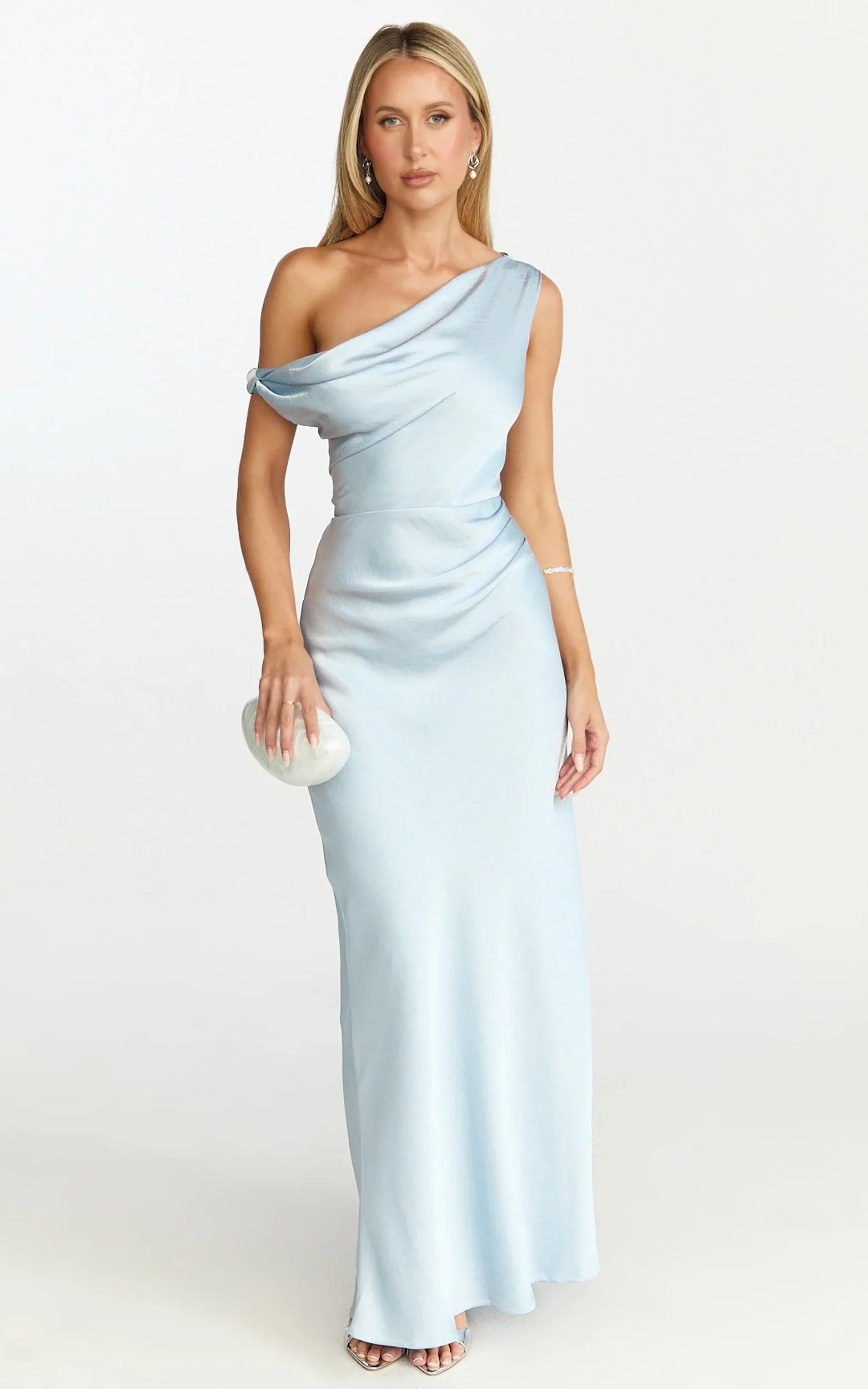Lira Midi Dress - One Shoulder Satin Dress in Pale Blue