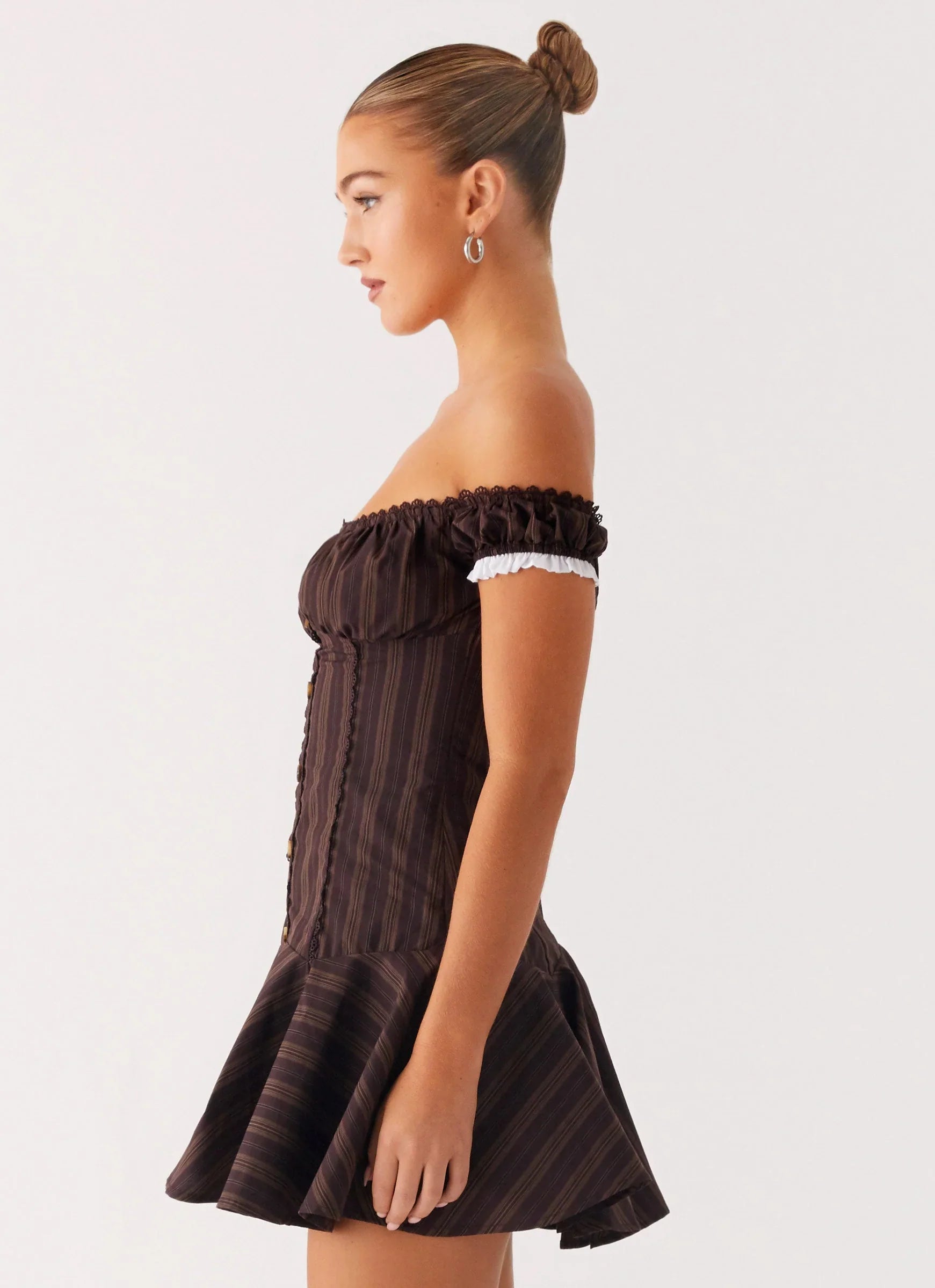Jumana Off Shoulder Mini Dress - Toffee Stripe