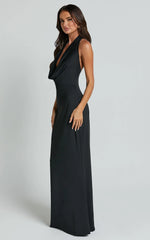 Sylvana Maxi Dress - Cowl Halter Neck Bodycon Dress in Black