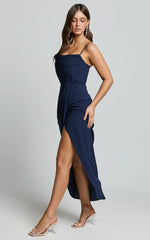 Andrina Midi Dress - High Low Wrap Corset Dress in Navy