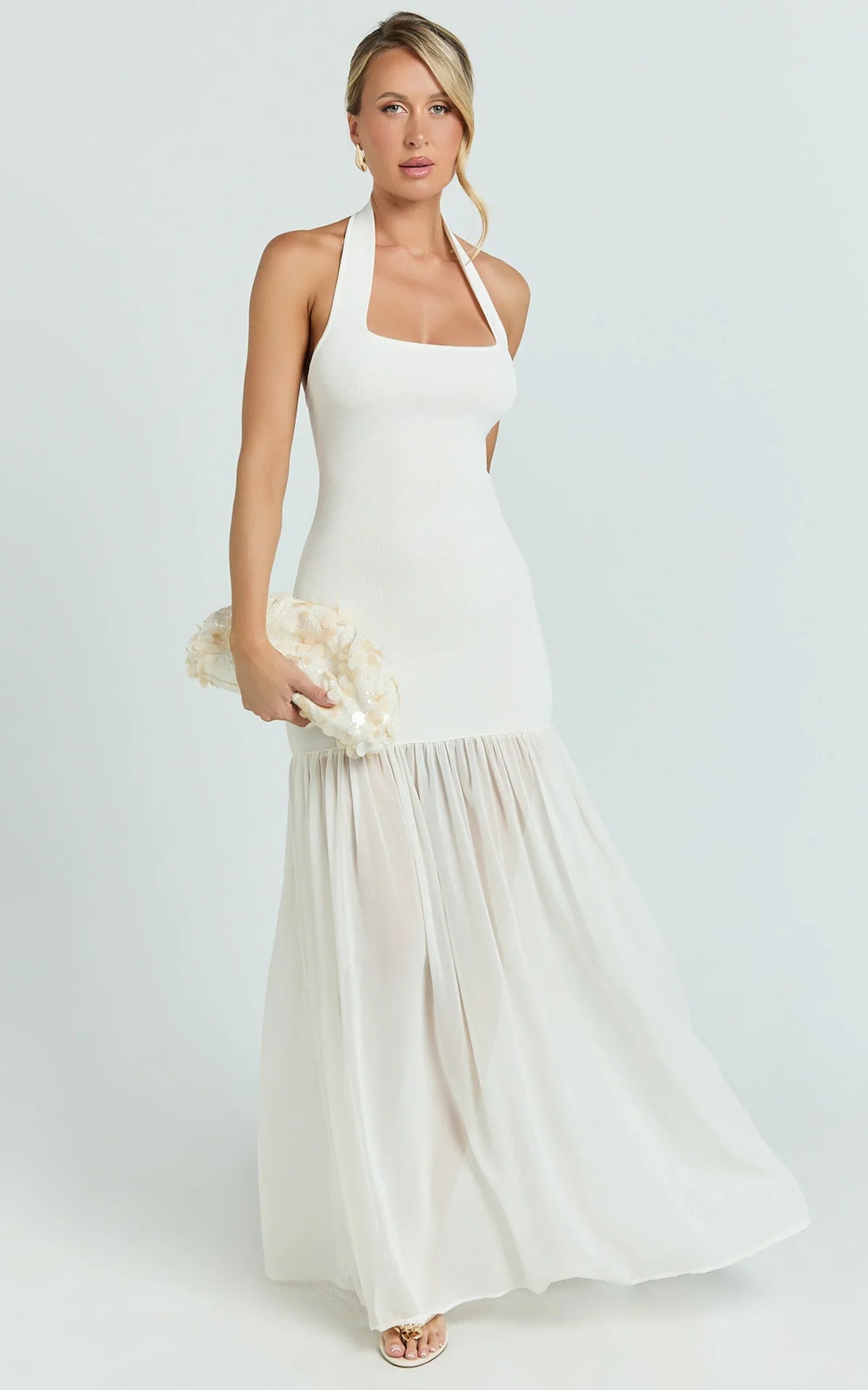 Barbara Maxi Dress - Halter Scoop Neck Contrast Georgette Dress in Ivory