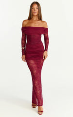 Juliet Maxi Dress - Off Shoulder Long Sleeve Ruched Overlay Lace Dress in Wine